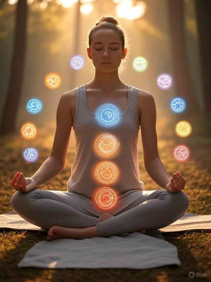A person meditating in a cross-legged pose on a mat in a serene outdoor setting at sunset, surrounded by colorful glowing symbols representing the seven chakras aligned vertically along their body and in a circular formation around them, symbolizing energy flow and balance in yoga practice.