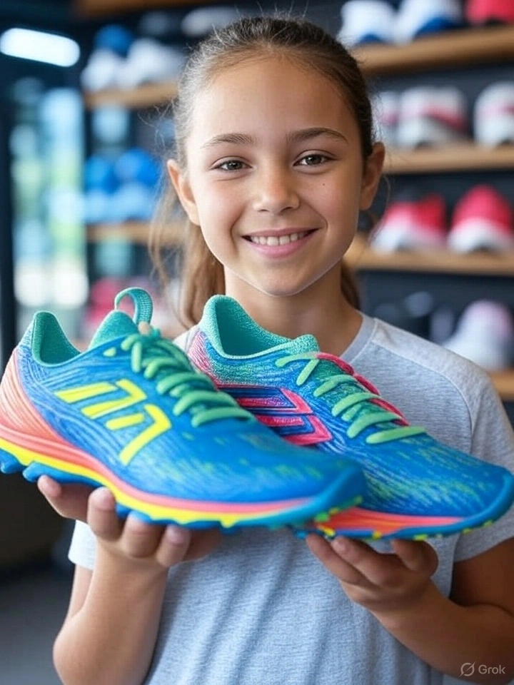 A young girl holding a pair of vibrant cricket sports shoes with blue, pink, and yellow designs, standing on a cricket field with a stadium in the background, illustrating the ultimate guide to men's cricket footwear.